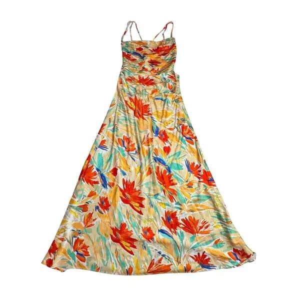 ASTR Antlia Floral Maxi Dress Orange Yellow Women's Square Neck Lace Up Summer - Picture 9 of 16